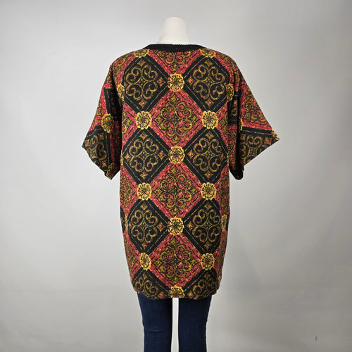 Vintage Black Red Gold Caftan Tunic Top – Boho Short Sleeve Statement Blouse