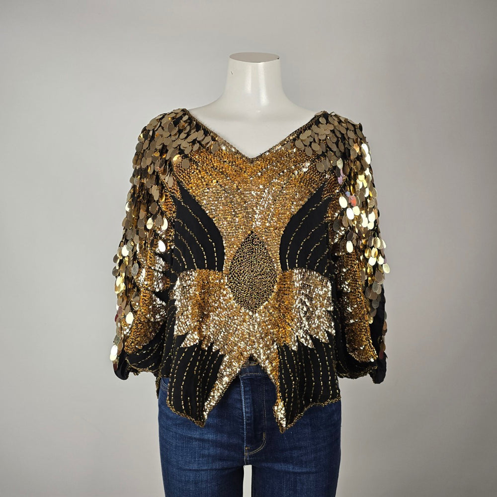 Vintage Shomax 100% Silk Gold Sequin Beaded Butterfly Top One Size