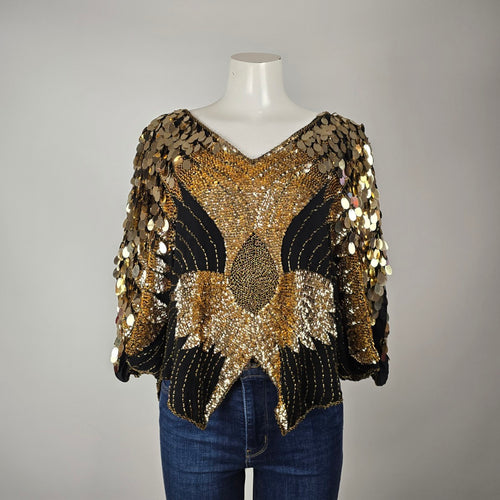 Vintage Shomax 100% Silk Gold Sequin Beaded Butterfly Top One Size