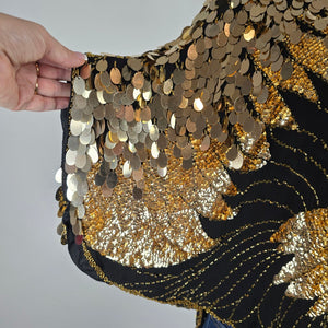 Vintage Shomax 100% Silk Gold Sequin Beaded Butterfly Top One Size
