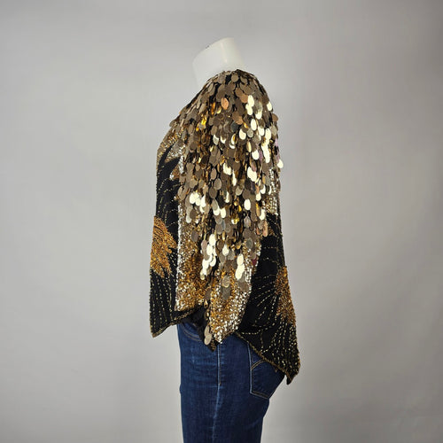 Vintage Shomax 100% Silk Gold Sequin Beaded Butterfly Top One Size
