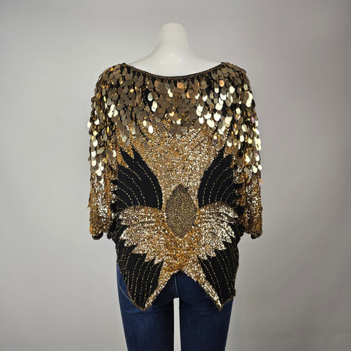 Vintage Shomax 100% Silk Gold Sequin Beaded Butterfly Top One Size