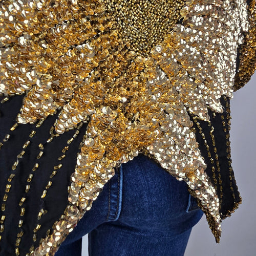 Vintage Shomax 100% Silk Gold Sequin Beaded Butterfly Top One Size