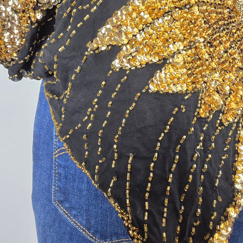 Vintage Shomax 100% Silk Gold Sequin Beaded Butterfly Top One Size