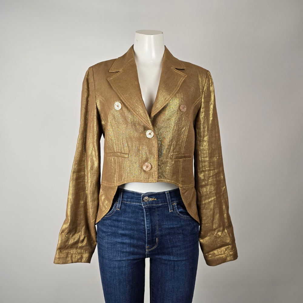 Franco Mirabelli Gold Metallic Linen Cropped Blazer Size 12 Made in Canada