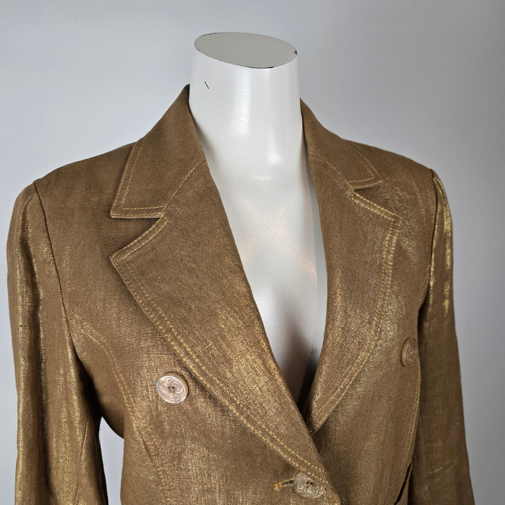 Franco Mirabelli Gold Metallic Linen Cropped Blazer Size 12 Made in Canada