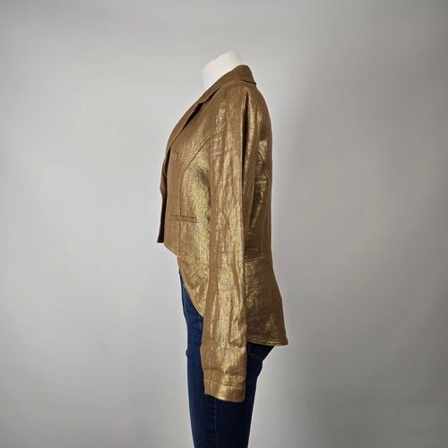 Franco Mirabelli Gold Metallic Linen Cropped Blazer Size 12 Made in Canada