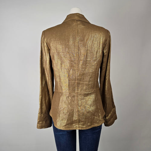 Franco Mirabelli Gold Metallic Linen Cropped Blazer Size 12 Made in Canada