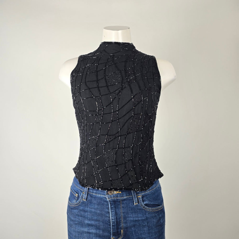 Vintage Black Beaded Sleeveless Mock Neck Evening Top Size S