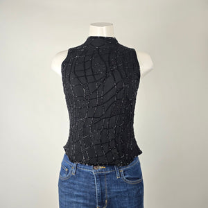 Vintage Black Beaded Sleeveless Mock Neck Evening Top Size S