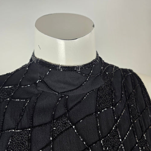 Vintage Black Beaded Sleeveless Mock Neck Evening Top Size S
