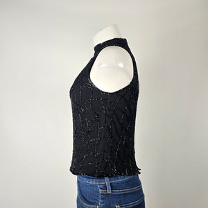 Vintage Black Beaded Sleeveless Mock Neck Evening Top Size S