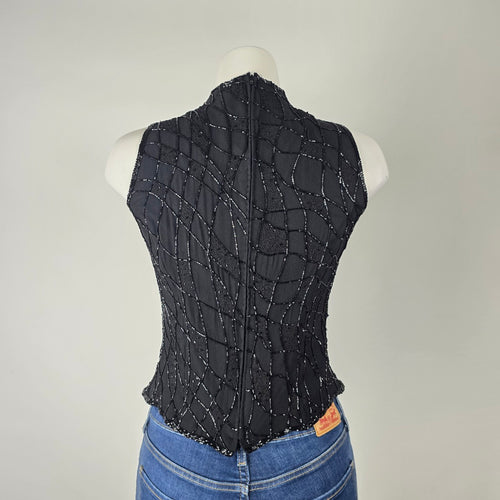 Vintage Black Beaded Sleeveless Mock Neck Evening Top Size S