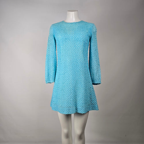 Vintage Turquoise Ribbon Knit Crochet Dress & Vest Set Size S