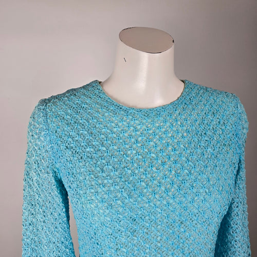Vintage Turquoise Ribbon Knit Crochet Dress & Vest Set Size S