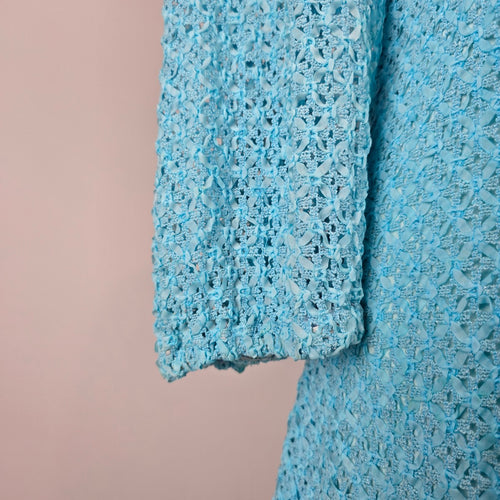 Vintage Turquoise Ribbon Knit Crochet Dress & Vest Set Size S