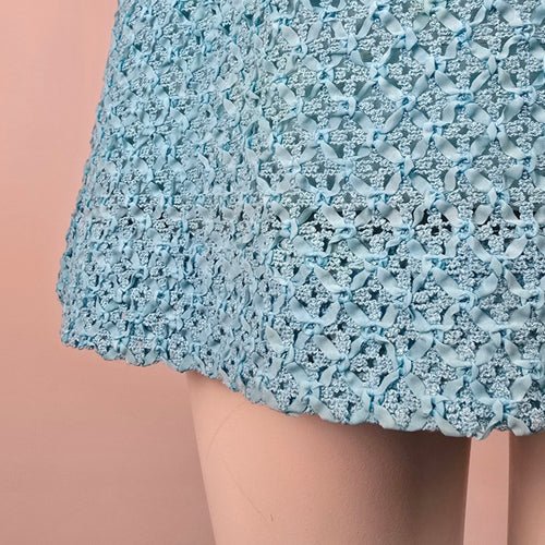 Vintage Turquoise Ribbon Knit Crochet Dress & Vest Set Size S