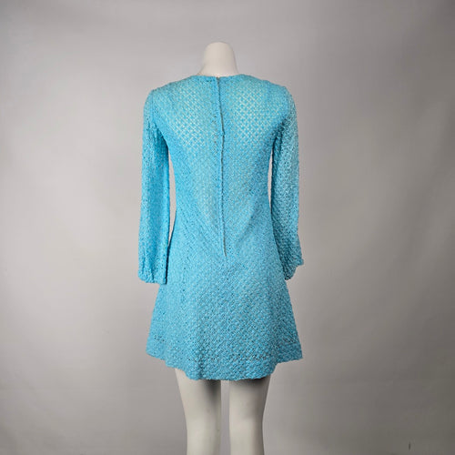Vintage Turquoise Ribbon Knit Crochet Dress & Vest Set Size S