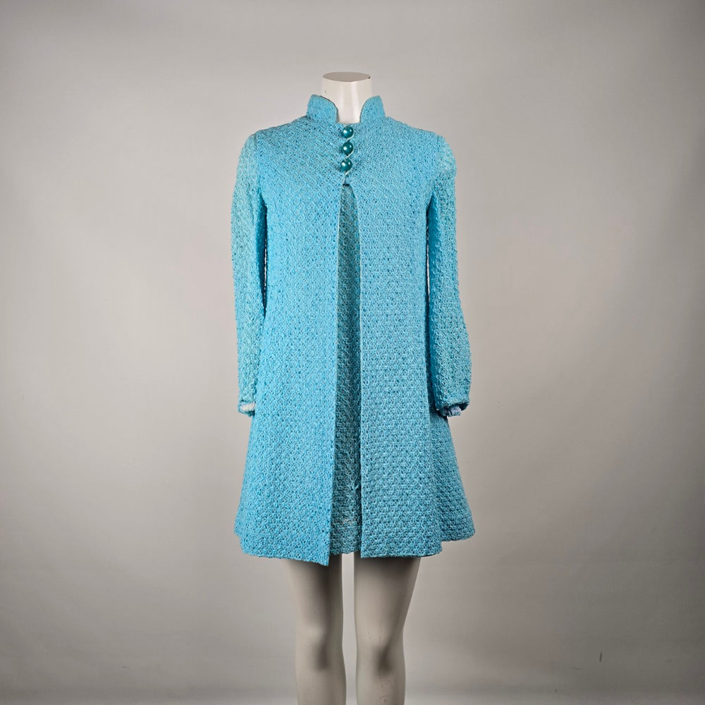 Vintage Turquoise Ribbon Knit Crochet Dress & Vest Set Size S