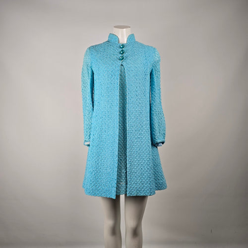 Vintage Turquoise Ribbon Knit Crochet Dress & Vest Set Size S