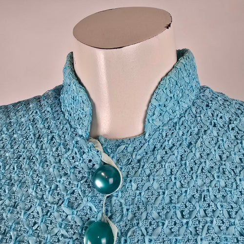 Vintage Turquoise Ribbon Knit Crochet Dress & Vest Set Size S