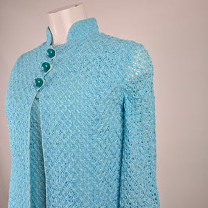 Vintage Turquoise Ribbon Knit Crochet Dress & Vest Set Size S