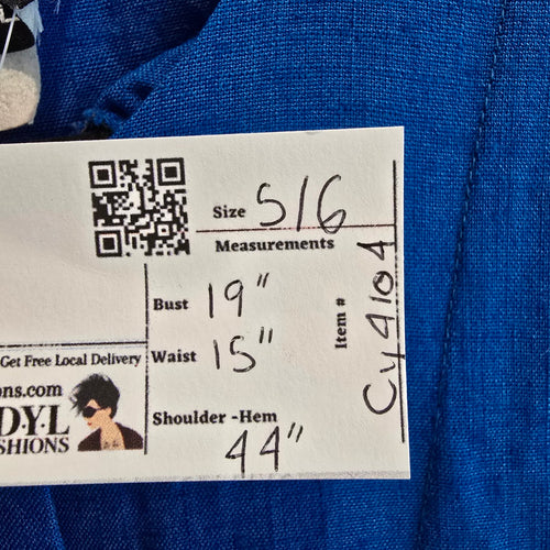 Vintage Phoebe Cobalt Blue Linen Blend Button Front Dress Size 5/6