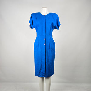 Vintage Phoebe Cobalt Blue Linen Blend Button Front Dress Size 5/6