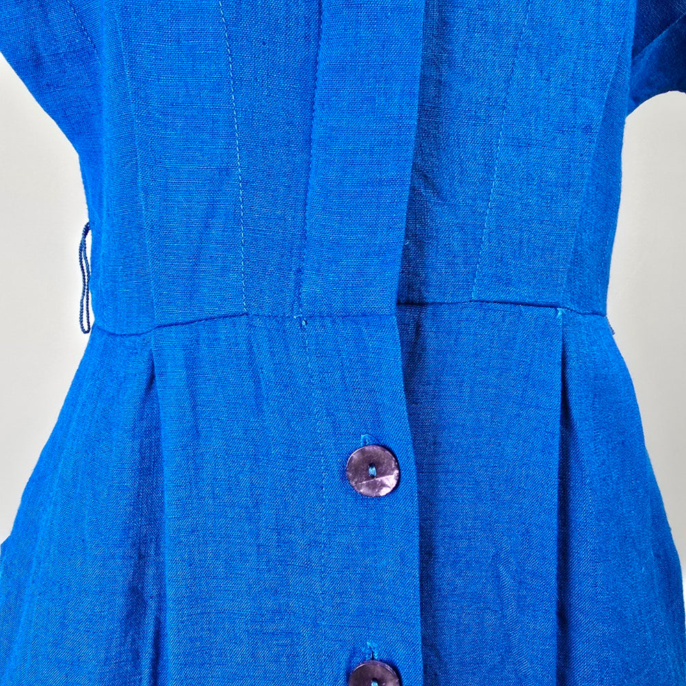 Vintage Phoebe Cobalt Blue Linen Blend Button Front Dress Size 5/6
