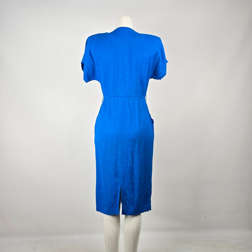 Vintage Phoebe Cobalt Blue Linen Blend Button Front Dress Size 5/6