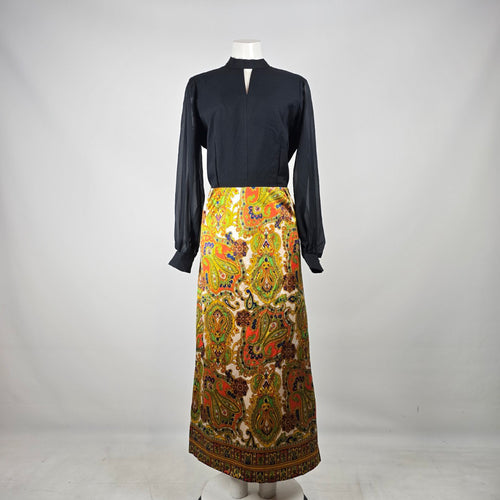 Vintage 70s Black Sheer Sleeve Paisley Maxi Dress Size M/L