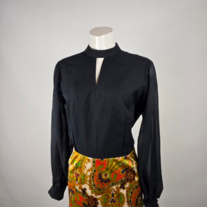 Vintage 70s Black Sheer Sleeve Paisley Maxi Dress Size M/L