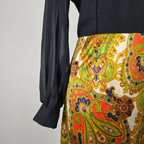 Vintage 70s Black Sheer Sleeve Paisley Maxi Dress Size M/L