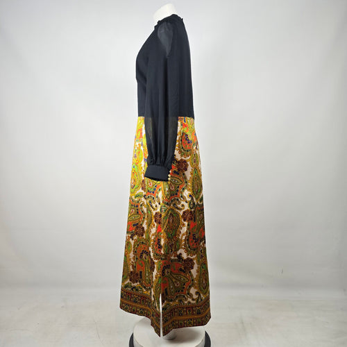 Vintage 70s Black Sheer Sleeve Paisley Maxi Dress Size M/L