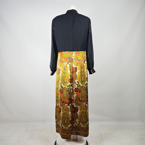 Vintage 70s Black Sheer Sleeve Paisley Maxi Dress Size M/L