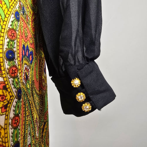 Vintage 70s Black Sheer Sleeve Paisley Maxi Dress Size M/L