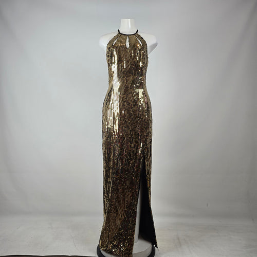 Vintage 90s Nadine Gold Sequin Halter Maxi Dress Size 13