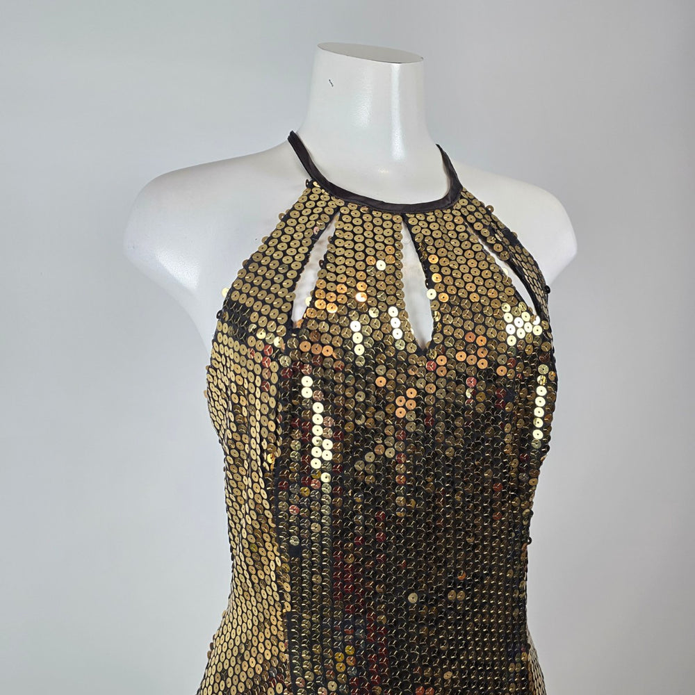 Vintage 90s Nadine Gold Sequin Halter Maxi Dress Size 13