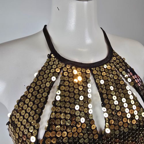 Vintage 90s Nadine Gold Sequin Halter Maxi Dress Size 13