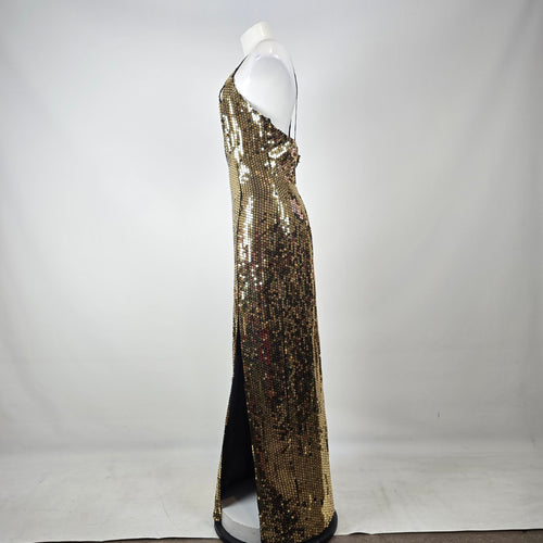 Vintage 90s Nadine Gold Sequin Halter Maxi Dress Size 13