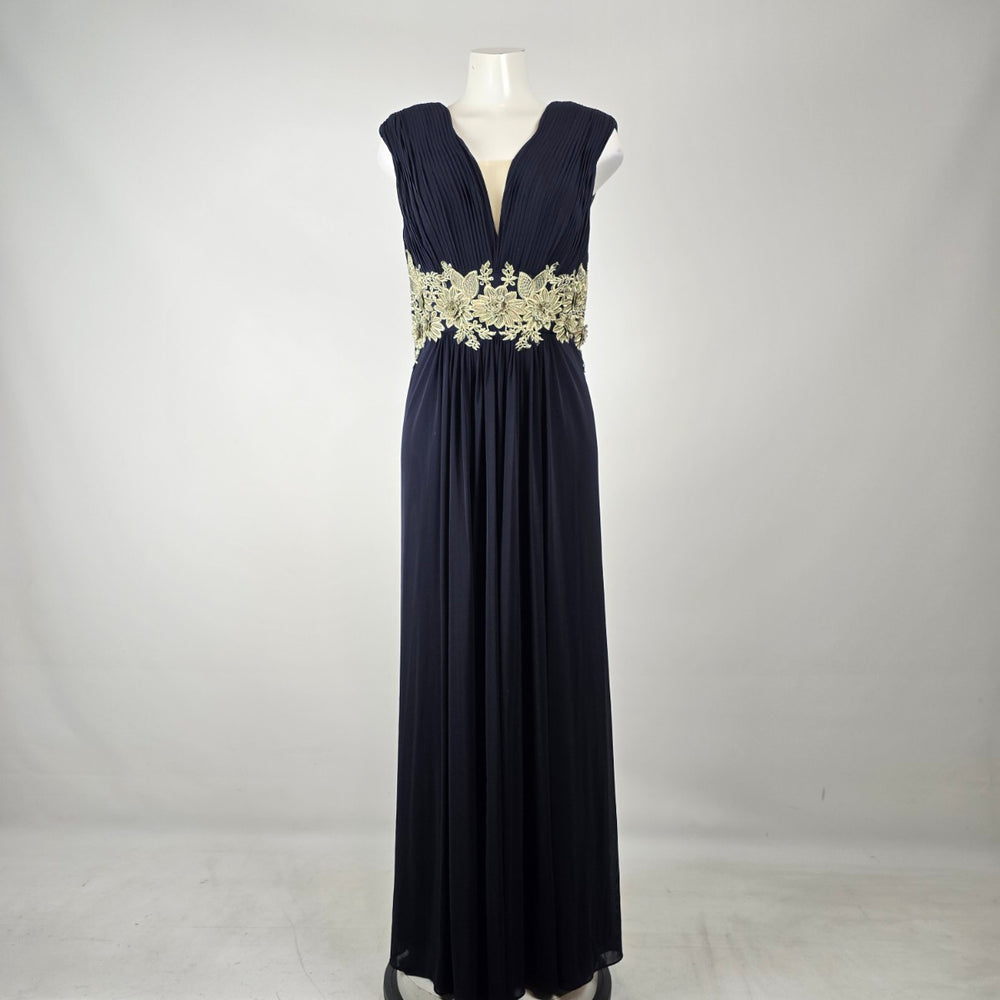Laura Plus Navy Pleated Formal Maxi Dress with Gold Lace Appliqué Size XL