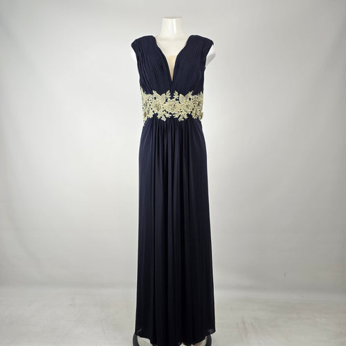 Laura Plus Navy Pleated Formal Maxi Dress with Gold Lace Appliqué Size XL