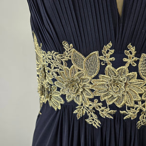 Laura Plus Navy Pleated Formal Maxi Dress with Gold Lace Appliqué Size XL