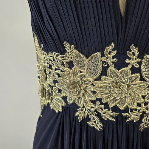 Laura Plus Navy Pleated Formal Maxi Dress with Gold Lace Appliqué Size XL