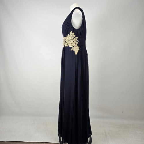 Laura Plus Navy Pleated Formal Maxi Dress with Gold Lace Appliqué Size XL