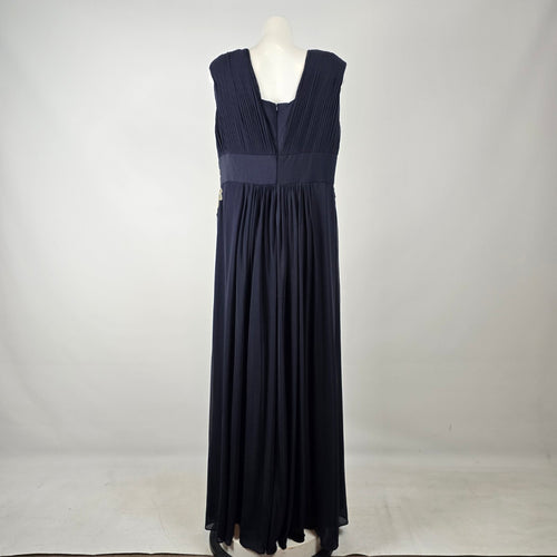 Laura Plus Navy Pleated Formal Maxi Dress with Gold Lace Appliqué Size XL
