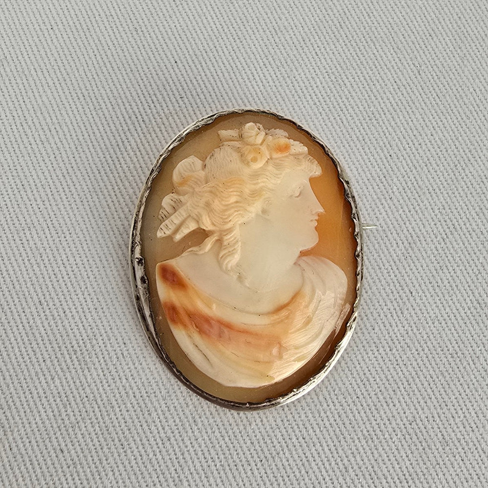 Vintage Shell Cameo Brooch Pendant Sterling Silver Setting