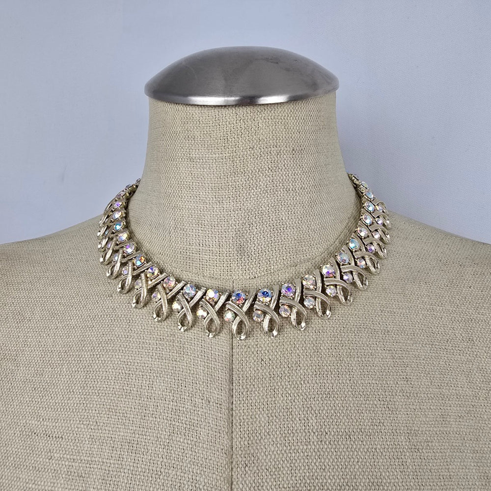Vintage Coro Gold Tone Aurora Borealis Rhinestone Collar Necklace