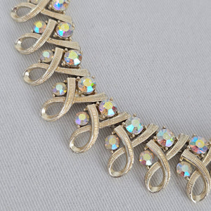 Vintage Coro Gold Tone Aurora Borealis Rhinestone Collar Necklace