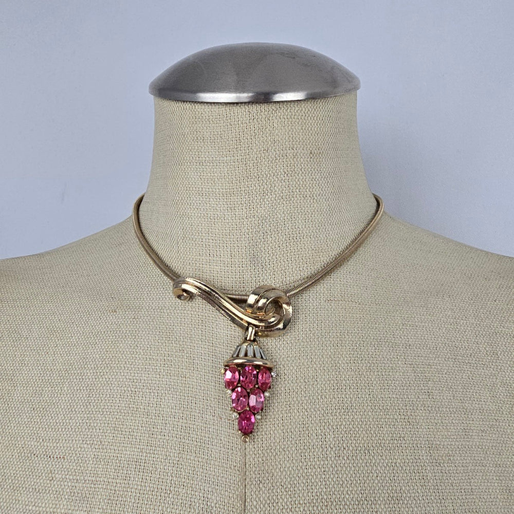 Vintage Coro Gold Tone Pink Rhinestone Pendant Necklace